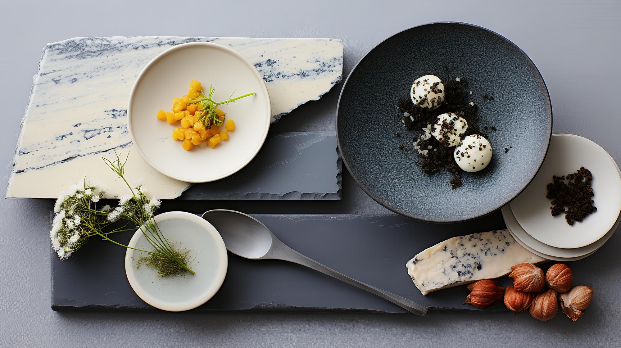 Three plated dishes on a dark slate